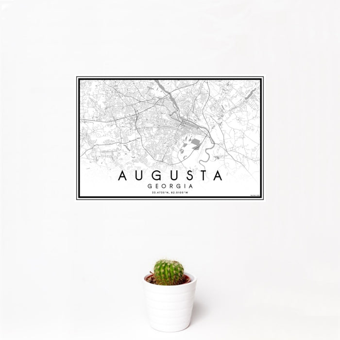 12x18 Augusta Georgia Map Print Landscape Orientation in Classic Style With Small Cactus Plant in White Planter