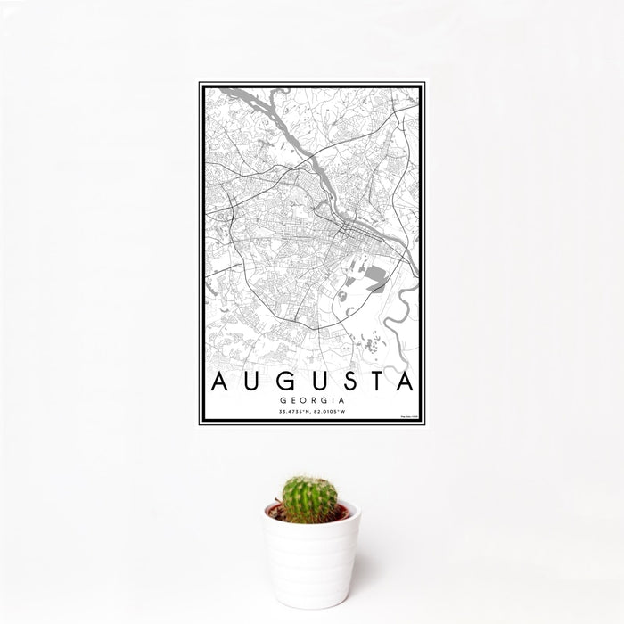 12x18 Augusta Georgia Map Print Portrait Orientation in Classic Style With Small Cactus Plant in White Planter
