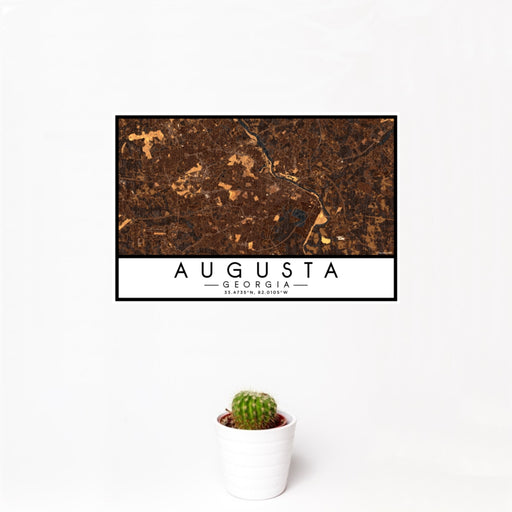 12x18 Augusta Georgia Map Print Landscape Orientation in Ember Style With Small Cactus Plant in White Planter