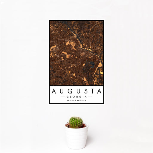 12x18 Augusta Georgia Map Print Portrait Orientation in Ember Style With Small Cactus Plant in White Planter