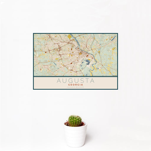 12x18 Augusta Georgia Map Print Landscape Orientation in Woodblock Style With Small Cactus Plant in White Planter