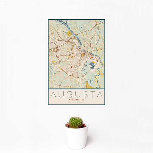 12x18 Augusta Georgia Map Print Portrait Orientation in Woodblock Style With Small Cactus Plant in White Planter