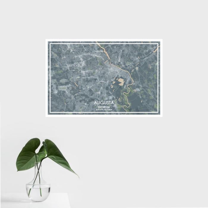 16x24 Augusta Georgia Map Print Landscape Orientation in Afternoon Style With Tropical Plant Leaves in Water