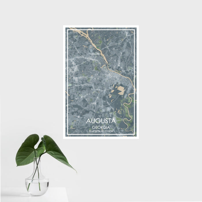 16x24 Augusta Georgia Map Print Portrait Orientation in Afternoon Style With Tropical Plant Leaves in Water