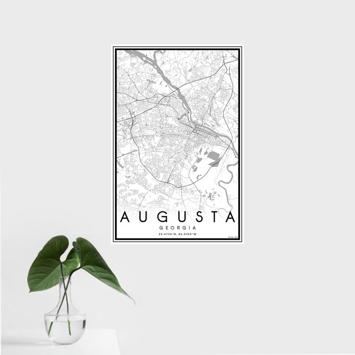 16x24 Augusta Georgia Map Print Portrait Orientation in Classic Style With Tropical Plant Leaves in Water