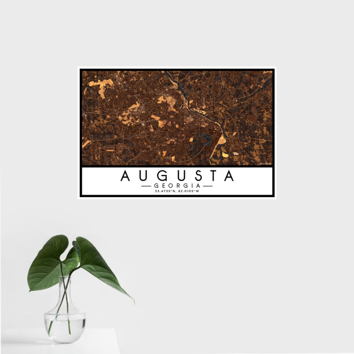 16x24 Augusta Georgia Map Print Landscape Orientation in Ember Style With Tropical Plant Leaves in Water
