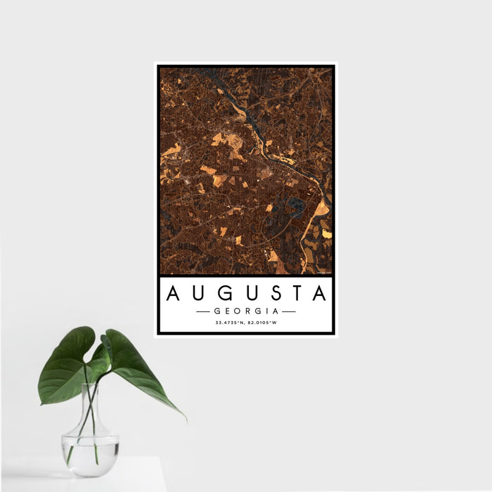 16x24 Augusta Georgia Map Print Portrait Orientation in Ember Style With Tropical Plant Leaves in Water