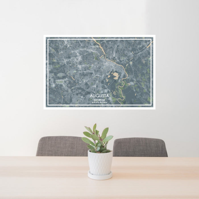 24x36 Augusta Georgia Map Print Lanscape Orientation in Afternoon Style Behind 2 Chairs Table and Potted Plant