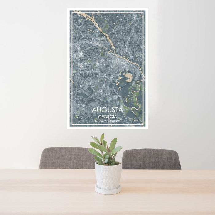 24x36 Augusta Georgia Map Print Portrait Orientation in Afternoon Style Behind 2 Chairs Table and Potted Plant