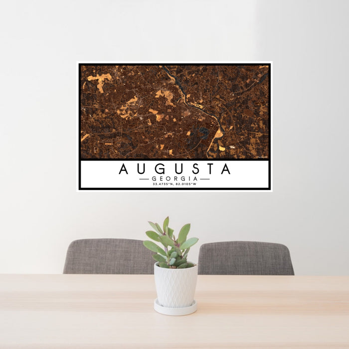 24x36 Augusta Georgia Map Print Lanscape Orientation in Ember Style Behind 2 Chairs Table and Potted Plant