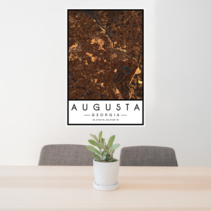 24x36 Augusta Georgia Map Print Portrait Orientation in Ember Style Behind 2 Chairs Table and Potted Plant