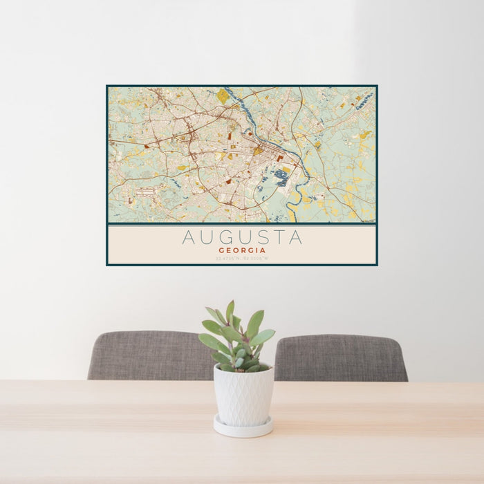 24x36 Augusta Georgia Map Print Lanscape Orientation in Woodblock Style Behind 2 Chairs Table and Potted Plant