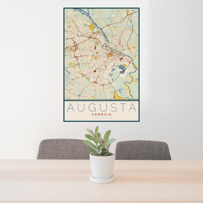 24x36 Augusta Georgia Map Print Portrait Orientation in Woodblock Style Behind 2 Chairs Table and Potted Plant