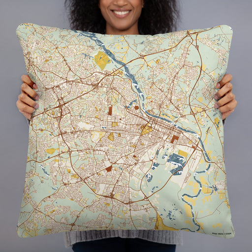 Person holding 22x22 Custom Augusta Georgia Map Throw Pillow in Woodblock
