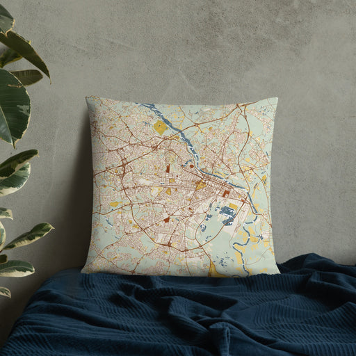 Custom Augusta Georgia Map Throw Pillow in Woodblock on Bedding Against Wall