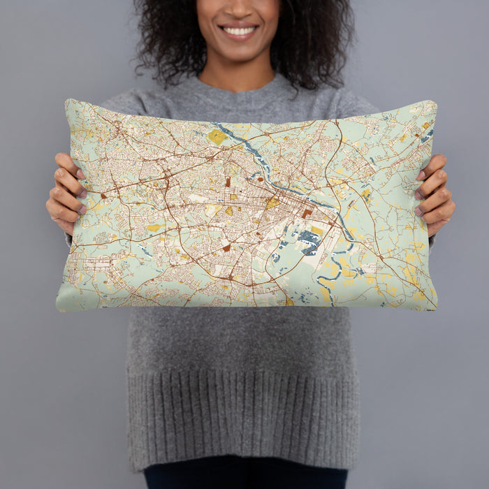 Person holding 20x12 Custom Augusta Georgia Map Throw Pillow in Woodblock