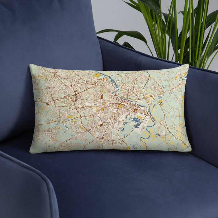 Custom Augusta Georgia Map Throw Pillow in Woodblock on Blue Colored Chair