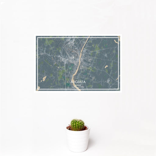 12x18 Augusta Maine Map Print Landscape Orientation in Afternoon Style With Small Cactus Plant in White Planter
