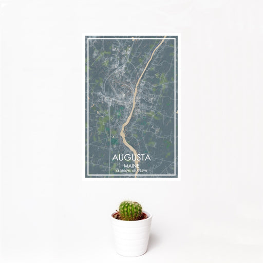 12x18 Augusta Maine Map Print Portrait Orientation in Afternoon Style With Small Cactus Plant in White Planter