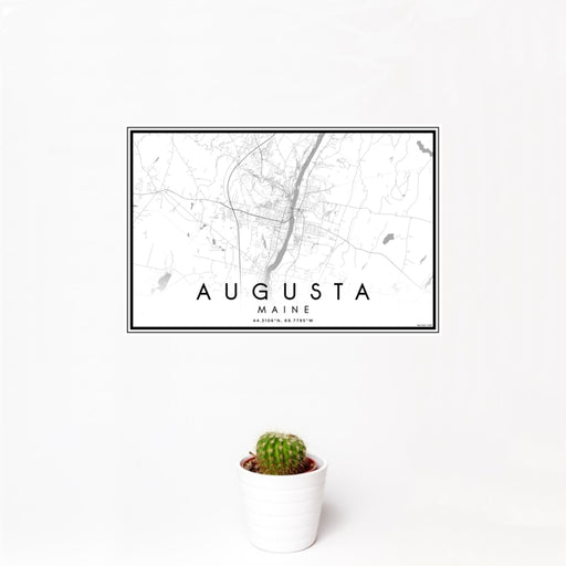 12x18 Augusta Maine Map Print Landscape Orientation in Classic Style With Small Cactus Plant in White Planter