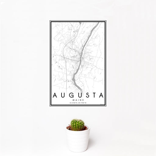 12x18 Augusta Maine Map Print Portrait Orientation in Classic Style With Small Cactus Plant in White Planter