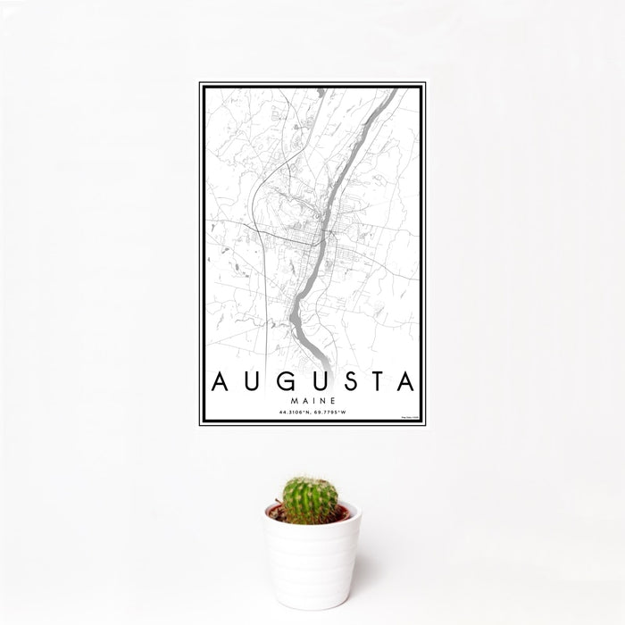 12x18 Augusta Maine Map Print Portrait Orientation in Classic Style With Small Cactus Plant in White Planter