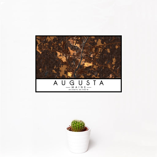 12x18 Augusta Maine Map Print Landscape Orientation in Ember Style With Small Cactus Plant in White Planter