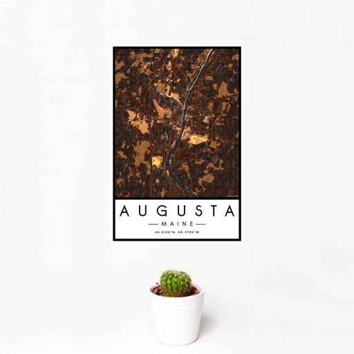 12x18 Augusta Maine Map Print Portrait Orientation in Ember Style With Small Cactus Plant in White Planter