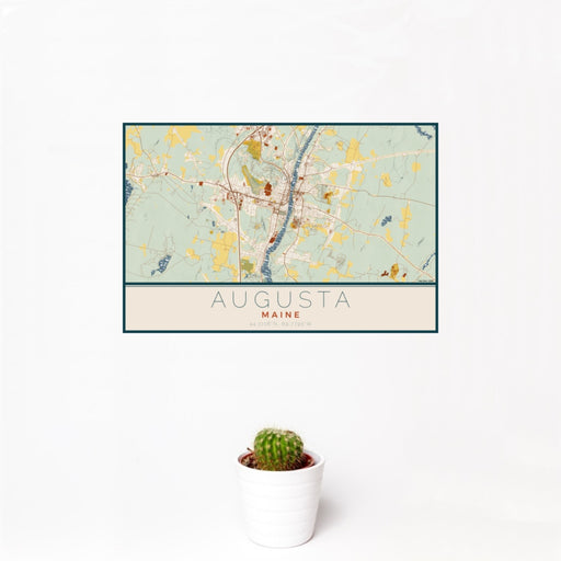 12x18 Augusta Maine Map Print Landscape Orientation in Woodblock Style With Small Cactus Plant in White Planter