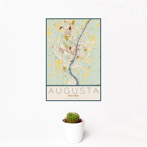 12x18 Augusta Maine Map Print Portrait Orientation in Woodblock Style With Small Cactus Plant in White Planter