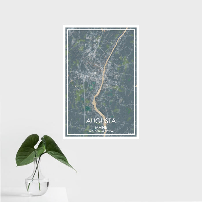 16x24 Augusta Maine Map Print Portrait Orientation in Afternoon Style With Tropical Plant Leaves in Water