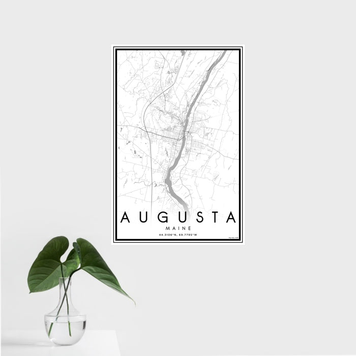 16x24 Augusta Maine Map Print Portrait Orientation in Classic Style With Tropical Plant Leaves in Water