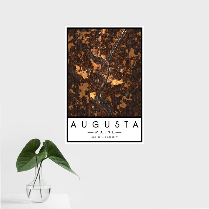 16x24 Augusta Maine Map Print Portrait Orientation in Ember Style With Tropical Plant Leaves in Water