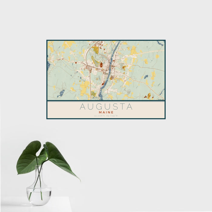 16x24 Augusta Maine Map Print Landscape Orientation in Woodblock Style With Tropical Plant Leaves in Water