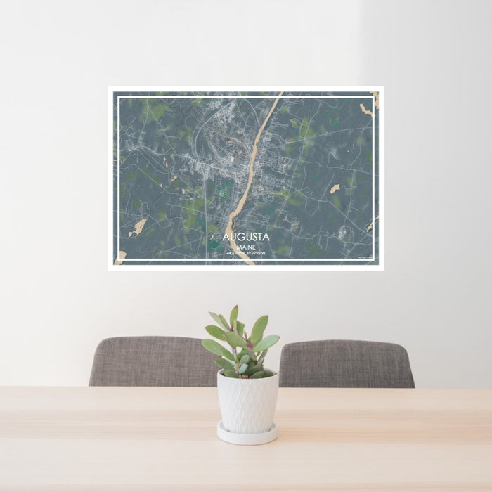 24x36 Augusta Maine Map Print Lanscape Orientation in Afternoon Style Behind 2 Chairs Table and Potted Plant
