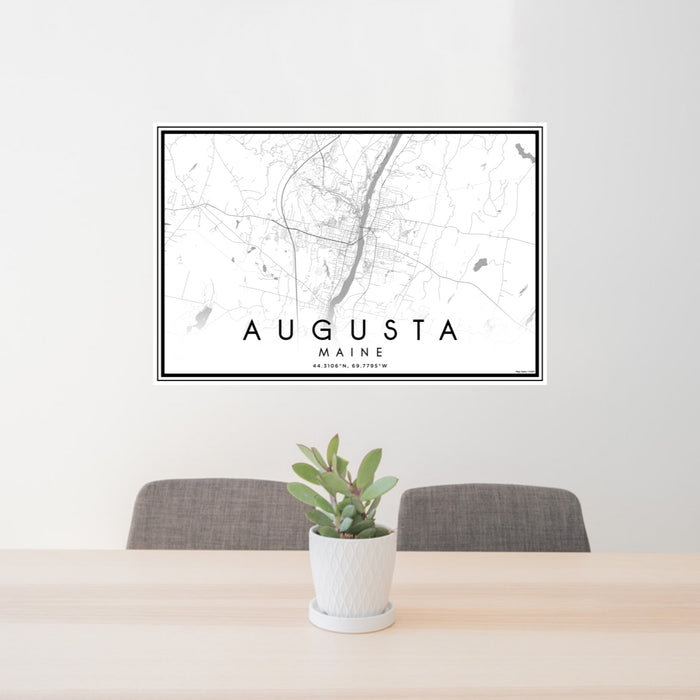 24x36 Augusta Maine Map Print Lanscape Orientation in Classic Style Behind 2 Chairs Table and Potted Plant