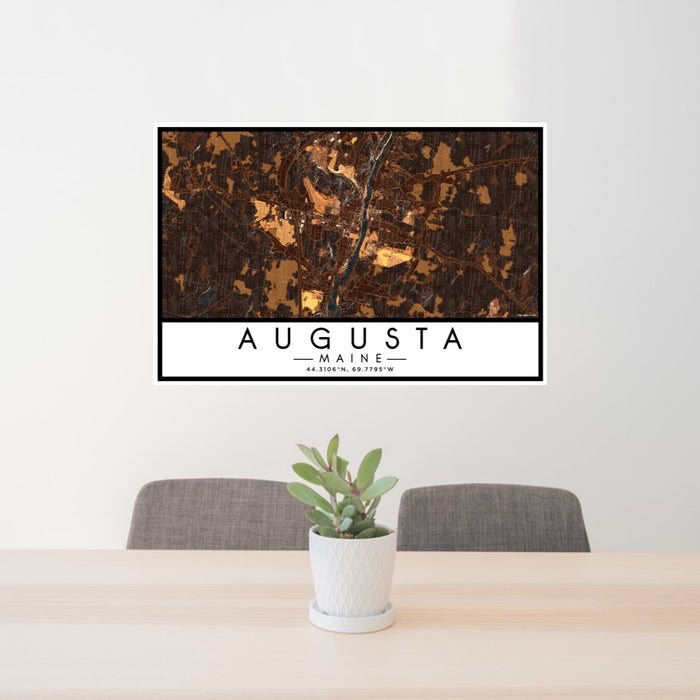 24x36 Augusta Maine Map Print Lanscape Orientation in Ember Style Behind 2 Chairs Table and Potted Plant