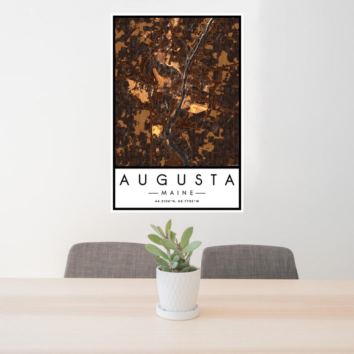 24x36 Augusta Maine Map Print Portrait Orientation in Ember Style Behind 2 Chairs Table and Potted Plant