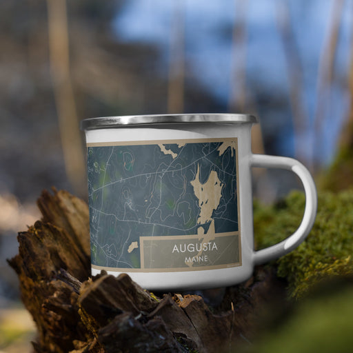 Right View Custom Augusta Maine Map Enamel Mug in Afternoon on Grass With Trees in Background