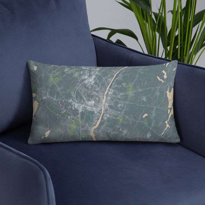 Custom Augusta Maine Map Throw Pillow in Afternoon on Blue Colored Chair