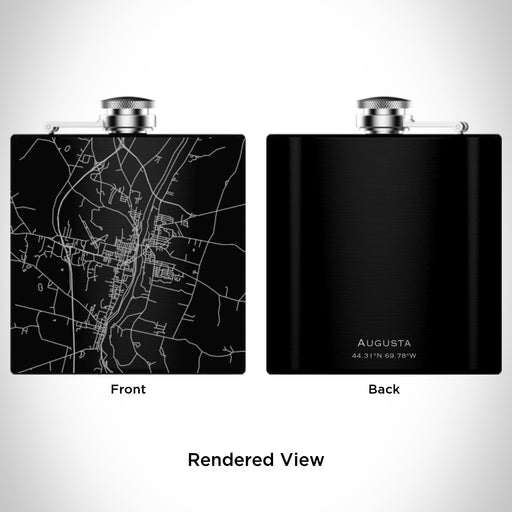 Rendered View of Augusta Maine Map Engraving on 6oz Stainless Steel Flask in Black