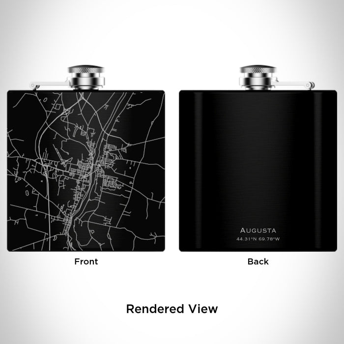 Rendered View of Augusta Maine Map Engraving on 6oz Stainless Steel Flask in Black