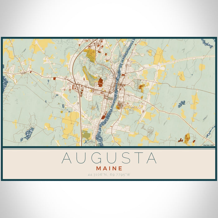 Augusta Maine Map Print Landscape Orientation in Woodblock Style With Shaded Background