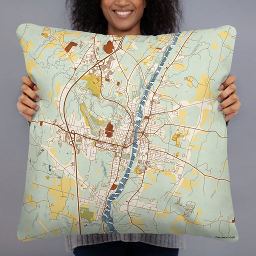 Person holding 22x22 Custom Augusta Maine Map Throw Pillow in Woodblock