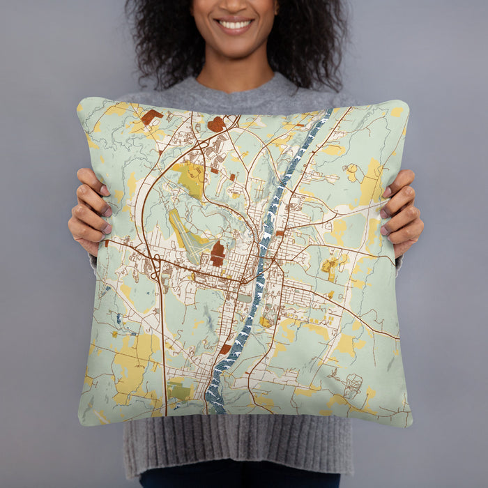 Person holding 18x18 Custom Augusta Maine Map Throw Pillow in Woodblock