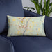 Custom Augusta Maine Map Throw Pillow in Woodblock on Blue Colored Chair