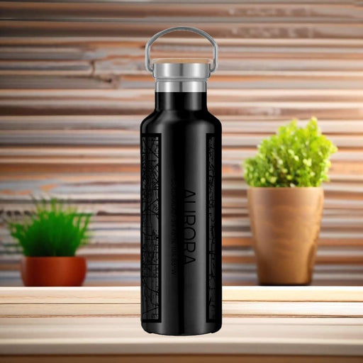 Aurora Colorado Custom City Map Inscription Coordinates on 20oz Stainless Steel Insulated Bottle with Bamboo Top in Matte Black with printed Tactile Lines Map in Black