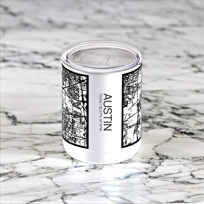 Austin Texas Custom City Map Inscription Coordinates on 10oz Stainless Steel Insulated Cup in Matte White with Sliding Lid