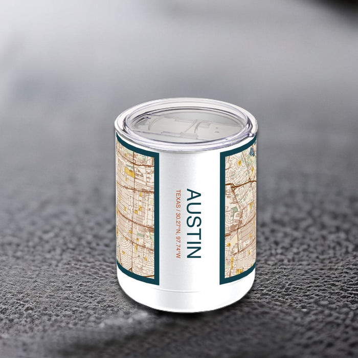 Austin Texas Custom City Map Inscription Coordinates on 10oz Stainless Steel Insulated Cup in Woodblock with Sliding Lid