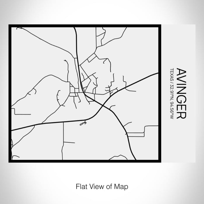 Rendered View of Avinger Texas Map on 20oz Stainless Steel Insulated Bottle with Bamboo Top in Matte White with printed Tactile Lines Map in Black